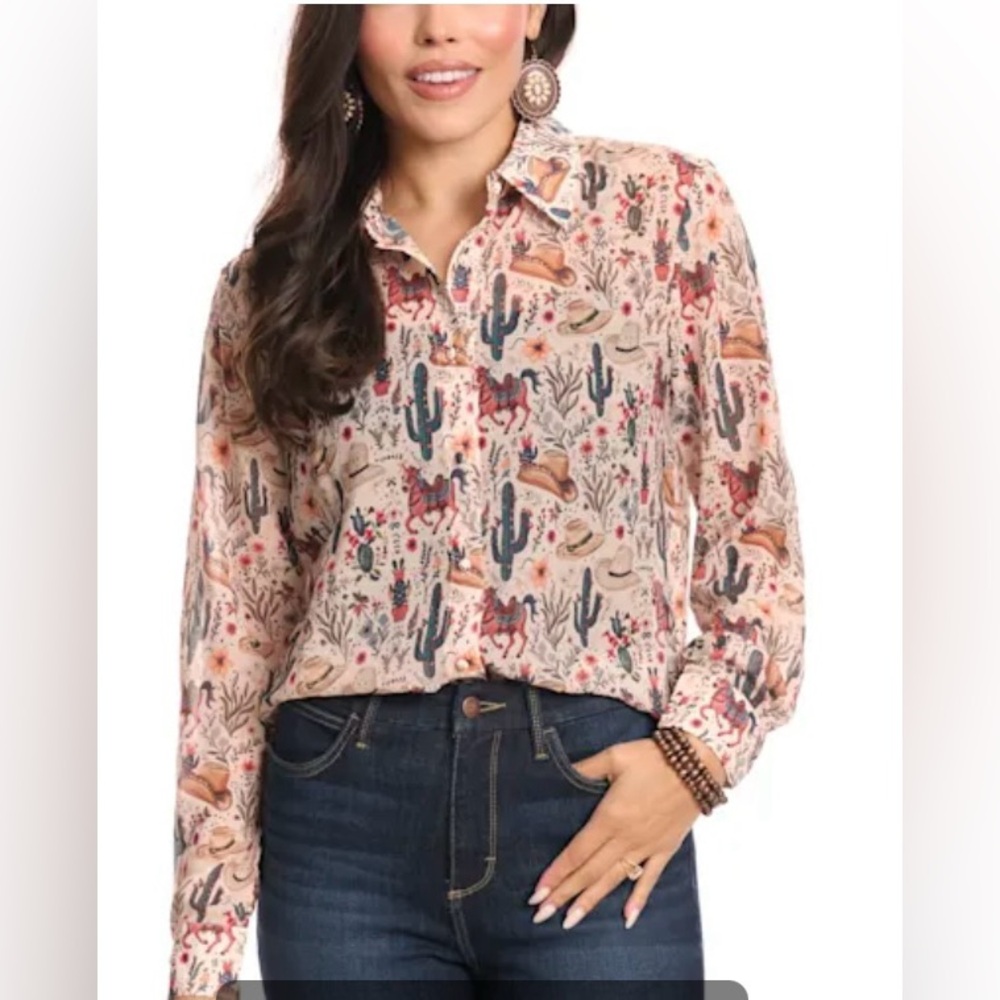 Blue B creamy latte sheer western print button up top. Beautiful, only worn once